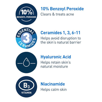 Acne Foaming Cream Wash, Gentle Face and Body Cleanser with Benzoyl Peroxide 10%