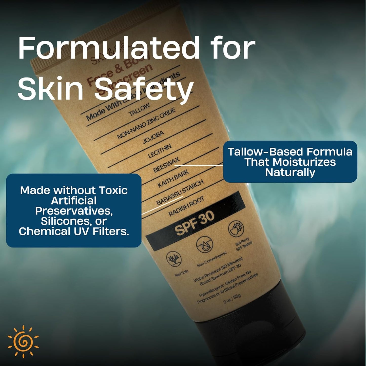 Natural Mineral Sunscreen SPF 30 3 Oz: Natural Tallow & Zinc Oxide, Reef Safe, W