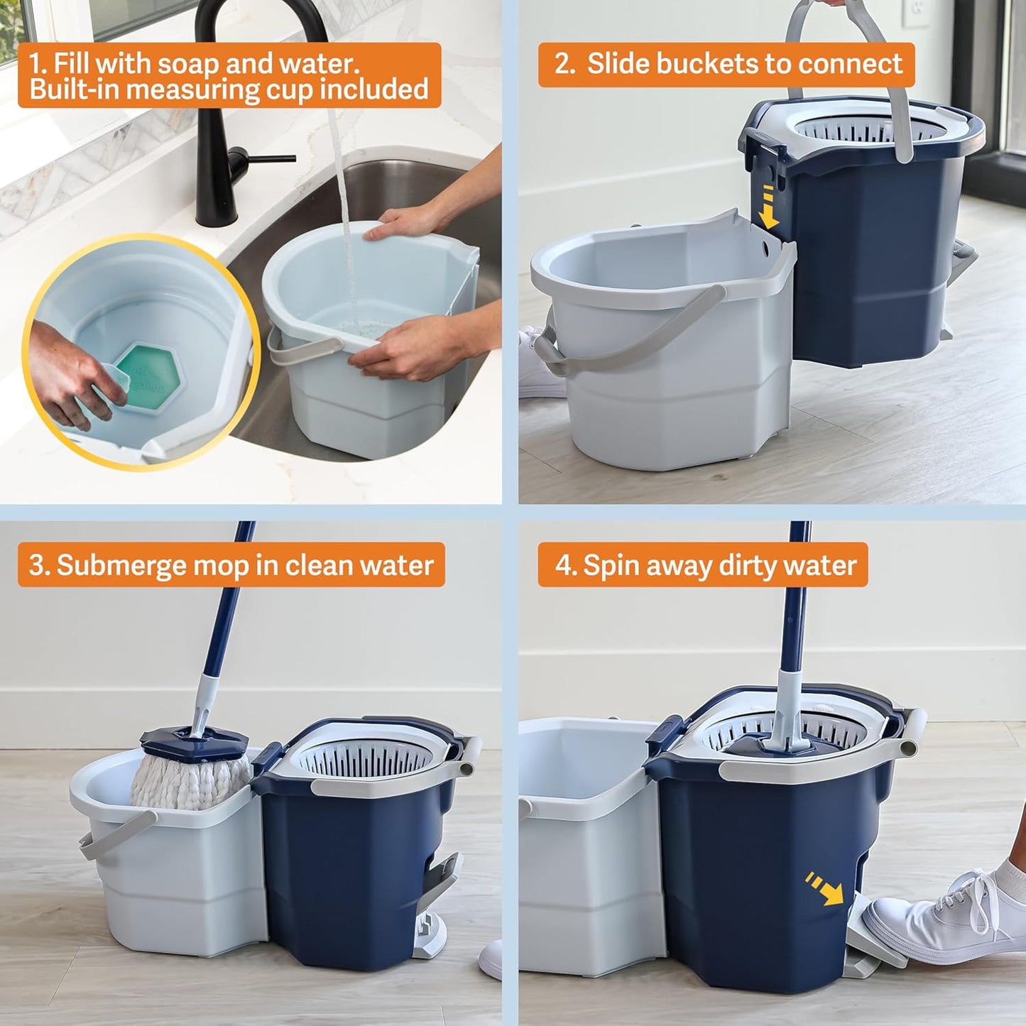 Spin Mop System with Extra Mop Head Refill - Two-Bucket Design with Splash Guard