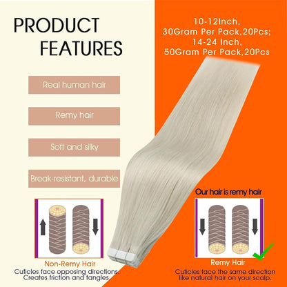 White Blonde Tape in Hair Extensions Tape in Extensions Human Hair 10Inch Seamle