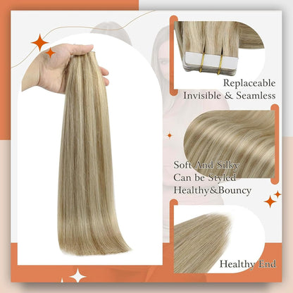 Tape in Hair Extensions 24 Inch Double Sided Tapes Color 16 Highlighted 22 Blond
