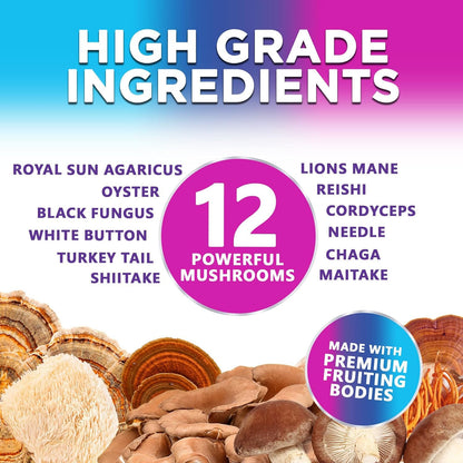 Mushroom Supplement Gummies - 12 in 1 with Lions Mane, Reishi, Cordyceps, Chaga