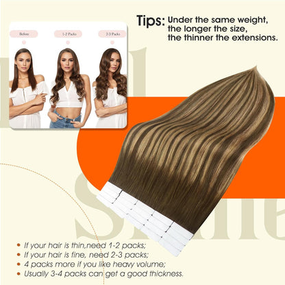 20Inch Tape in Hair Extensions Real Human Hair Brown to Blonde Color 4/24/4 Bala