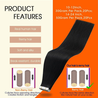 Tape in Hair Extensions Human Hair 14Inch Black Human Hair Extensions Invisible