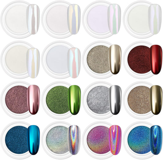 16Jars Chrome Nail Powder Magic White Pearl Kit Mirror Effect Silver Metallic Ho