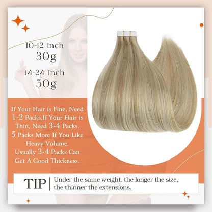 Tape in Hair Extensions 24 Inch Double Sided Tapes Color 16 Highlighted 22 Blond