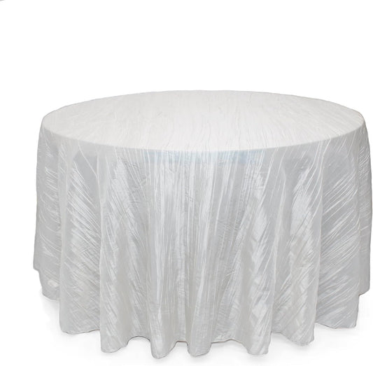 - 120 Inch round Crinkle Taffeta Tablecloth - White, Crushed Shiny Dining Table