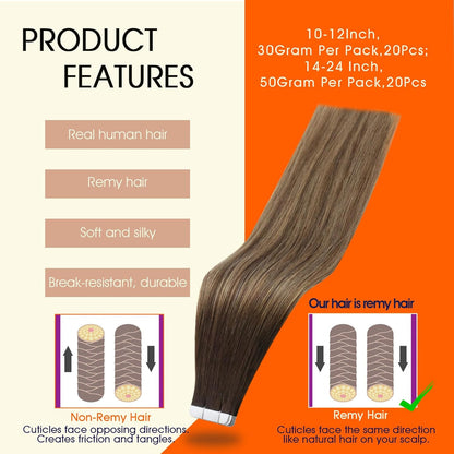 Tape in Hair Brown Human Hair Extensions Tape in 20 Pcs Rooted Tape in Hair Exte
