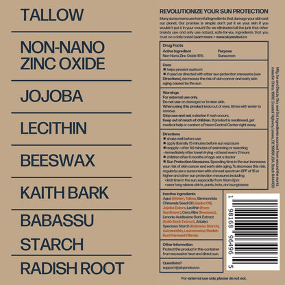 Natural Mineral Sunscreen SPF 30 3 Oz: Natural Tallow & Zinc Oxide, Reef Safe, W