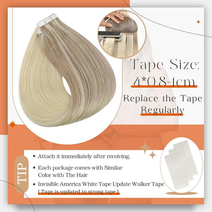 Tape in Hair Extensions Human Hair 12Inch Color 18 Ash Blonde Fading to 22 and 6