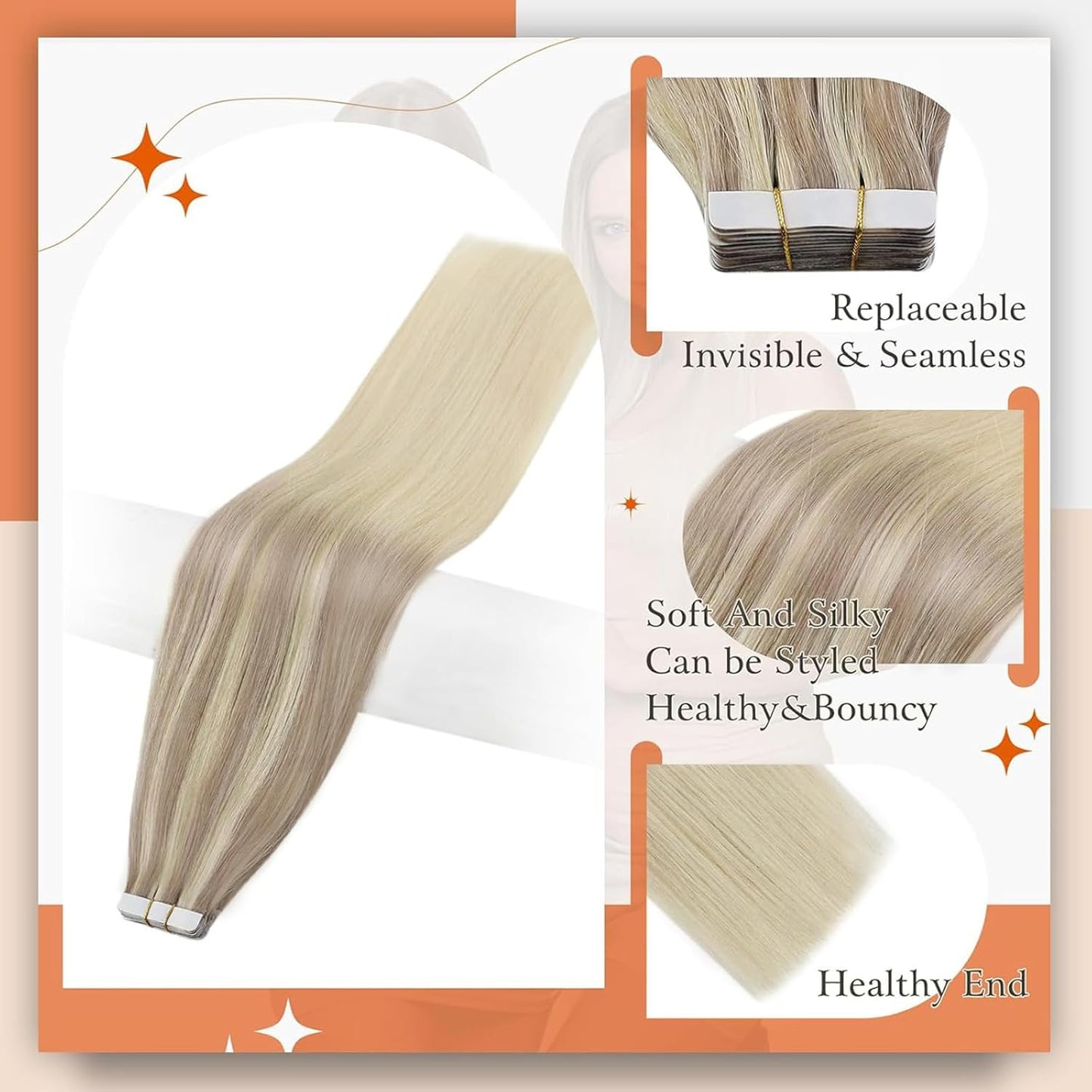 Tape in Hair Extensions Human Hair 12Inch Color 18 Ash Blonde Fading to 22 and 6