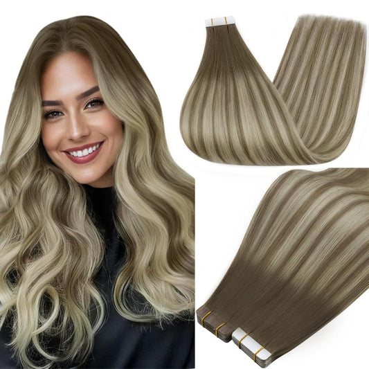 Tape Ins Human Hair Extensions Color 7 Brown Fading to 1000 Blonde and 7 Tape in