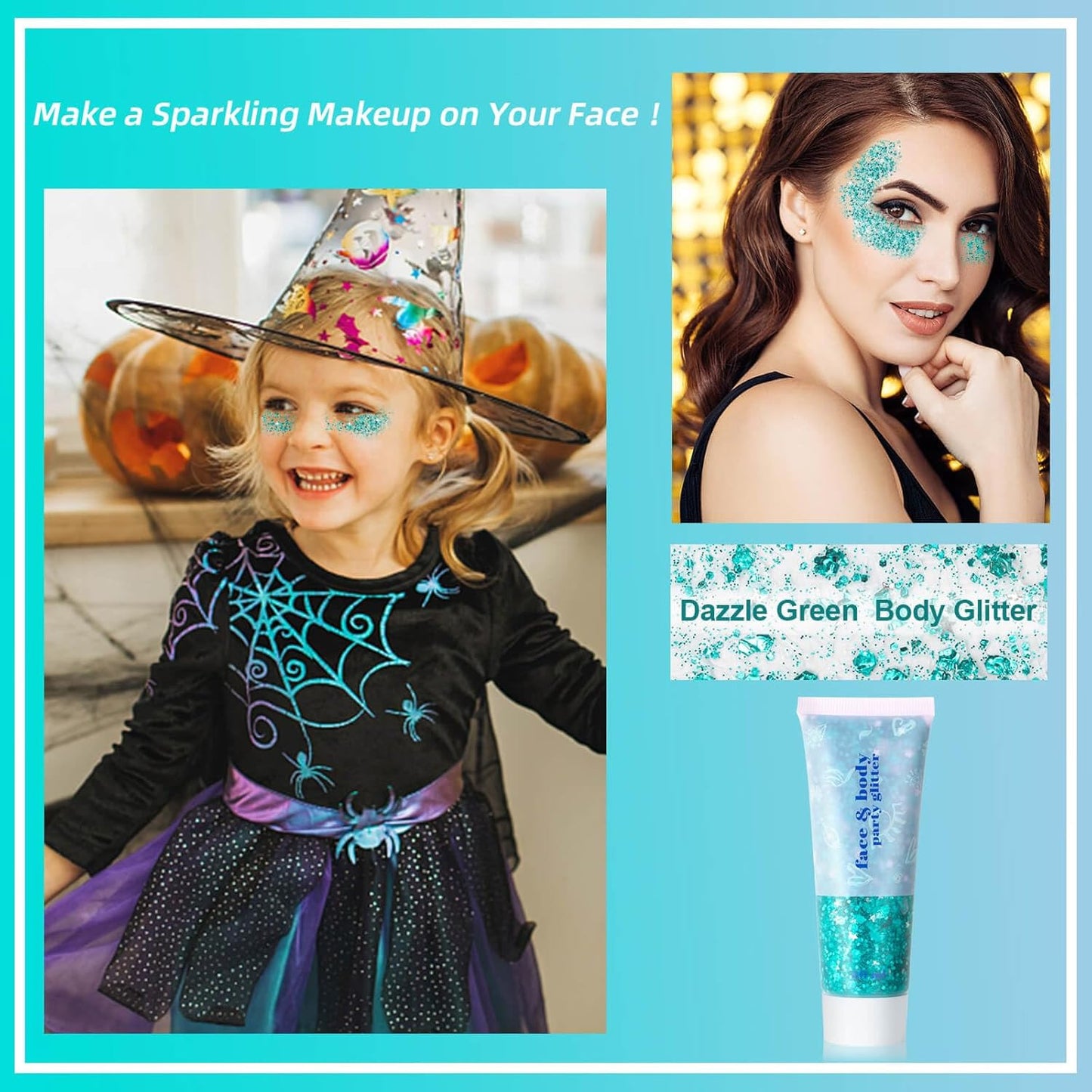 Teal Body Glitter,Mermaid Face Glitter Gel for Halloween Face Paint,Dazzle Green