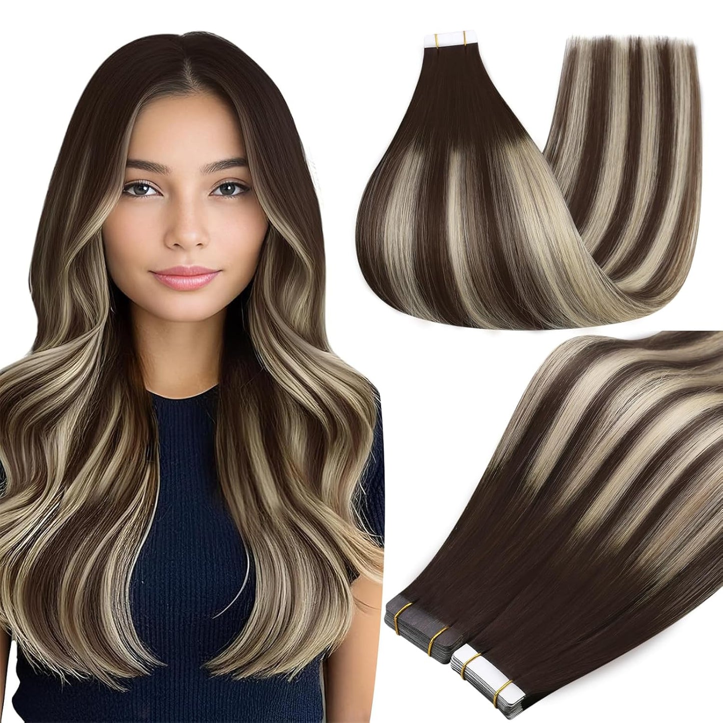 Tape in Hair Extensions Color 2/60/2 Brown and Blonde Tape in Extensions 12Inch