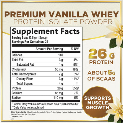 100% Whey Protein Powder, Creamy Vanilla Whey Isolate 26G Protein & Bcaas - Supp
