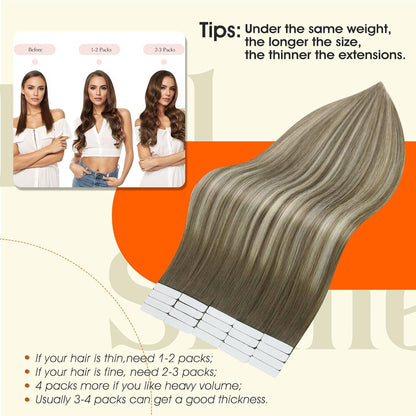 Tape Ins Human Hair Extensions Color 7 Brown Fading to 1000 Blonde and 7 Tape in