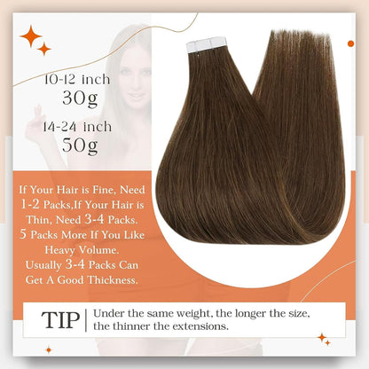 16 Inch Tape in Human Hair Extensions Medium Brown Color 4 Invisible Tape in Hai