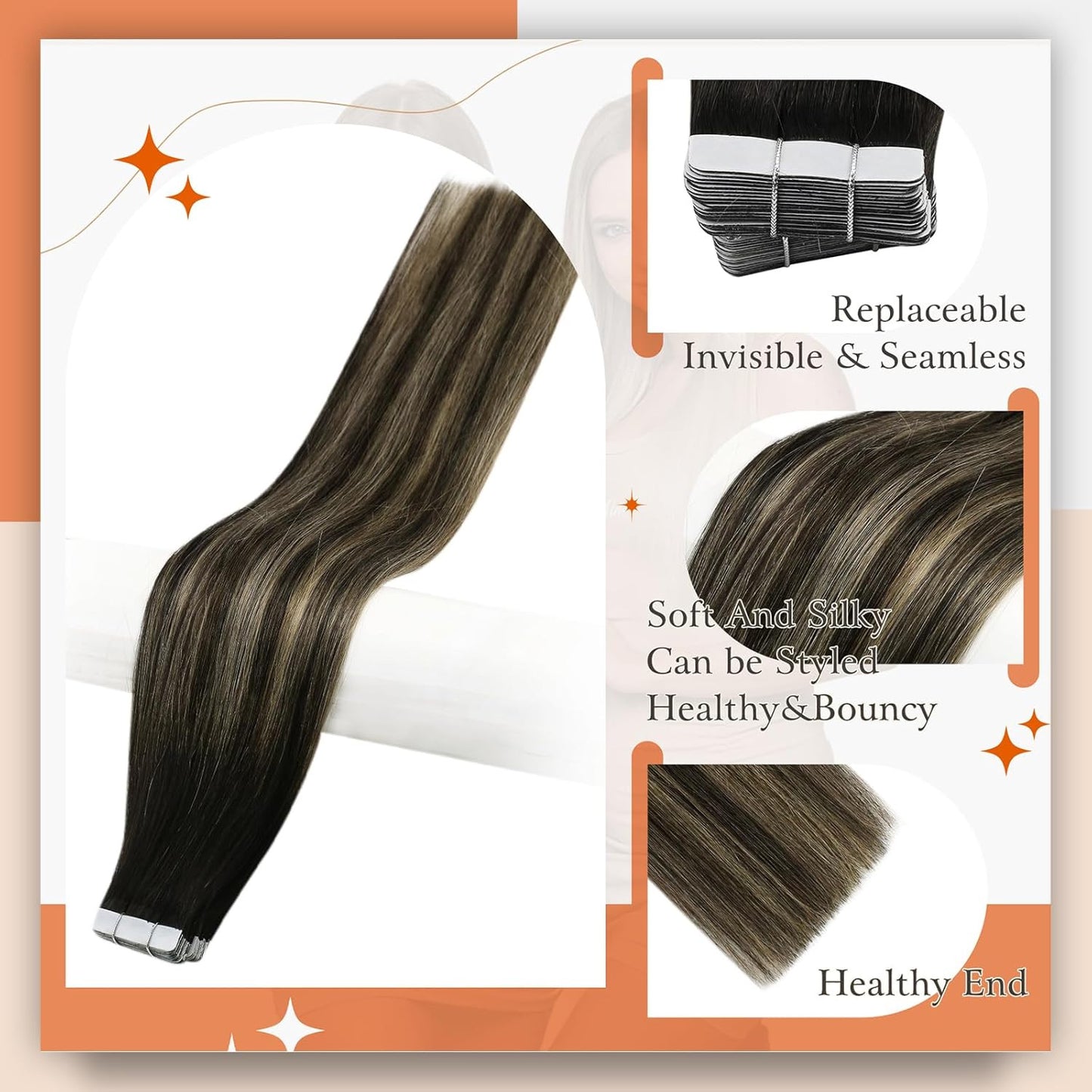 Tape Extensions 22Inch Tape in Hair Extensions Human Hair Color 1B/27/1B off Bla