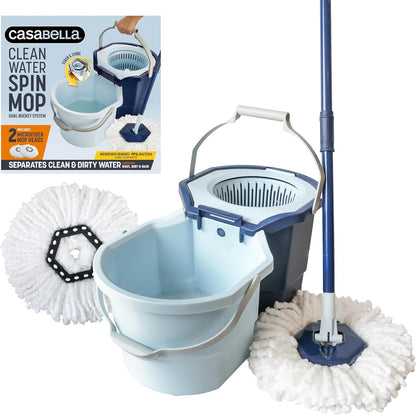 Spin Mop System with Extra Mop Head Refill - Two-Bucket Design with Splash Guard