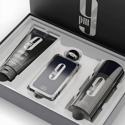 9 Pm 3 Piece Set for Men, (3.4 Oz De Parfum Eau De Parfum Spray + 5.0 Oz Shower