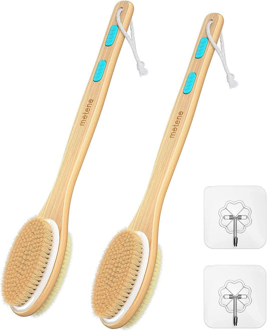 2 Pack Shower Brush with Soft and Stiff Bristles, Bath Dual-Sided Long Handle Ba