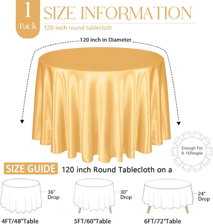 1 Pack 120 Inch round Tablecloth Satin Gold round Table Cover, Silky Satin Dinin