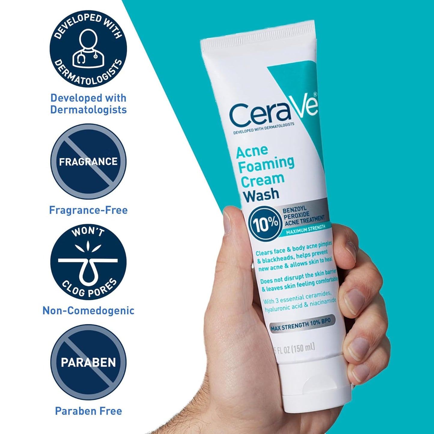 Acne Foaming Cream Wash, Gentle Face and Body Cleanser with Benzoyl Peroxide 10%
