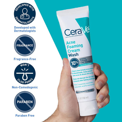 Acne Foaming Cream Wash, Gentle Face and Body Cleanser with Benzoyl Peroxide 10%