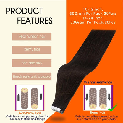 Tape Ins Real Human Hair Extensions 16Inch Dark Brown Color Seamless Tape in Ext