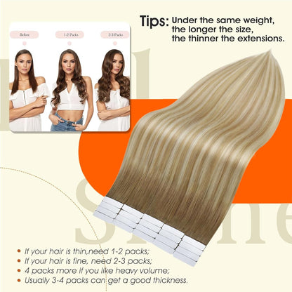 Ombre Tape in Hair Extensions Real Human Hair Color 6/27/60 Balayage Blonde Invi