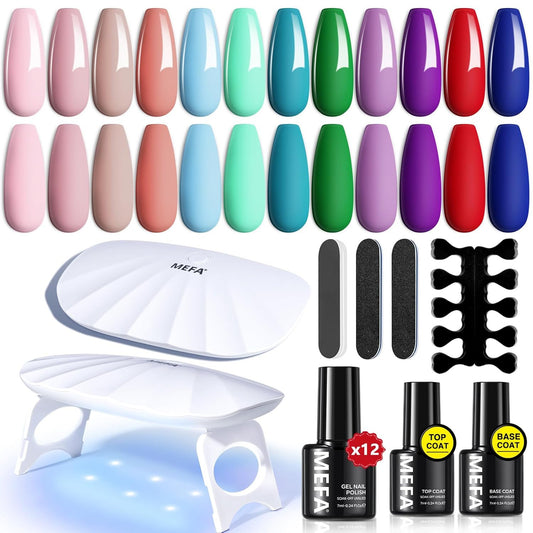 19 Pcs Gel Nail Polish Kit with U V Light, 12 Colors All Seasons Soak off Gel Po