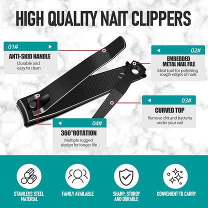 Nail Clippers Set, Heavy Duty Black Matte Stainless Steel Nail Clipper with Nail