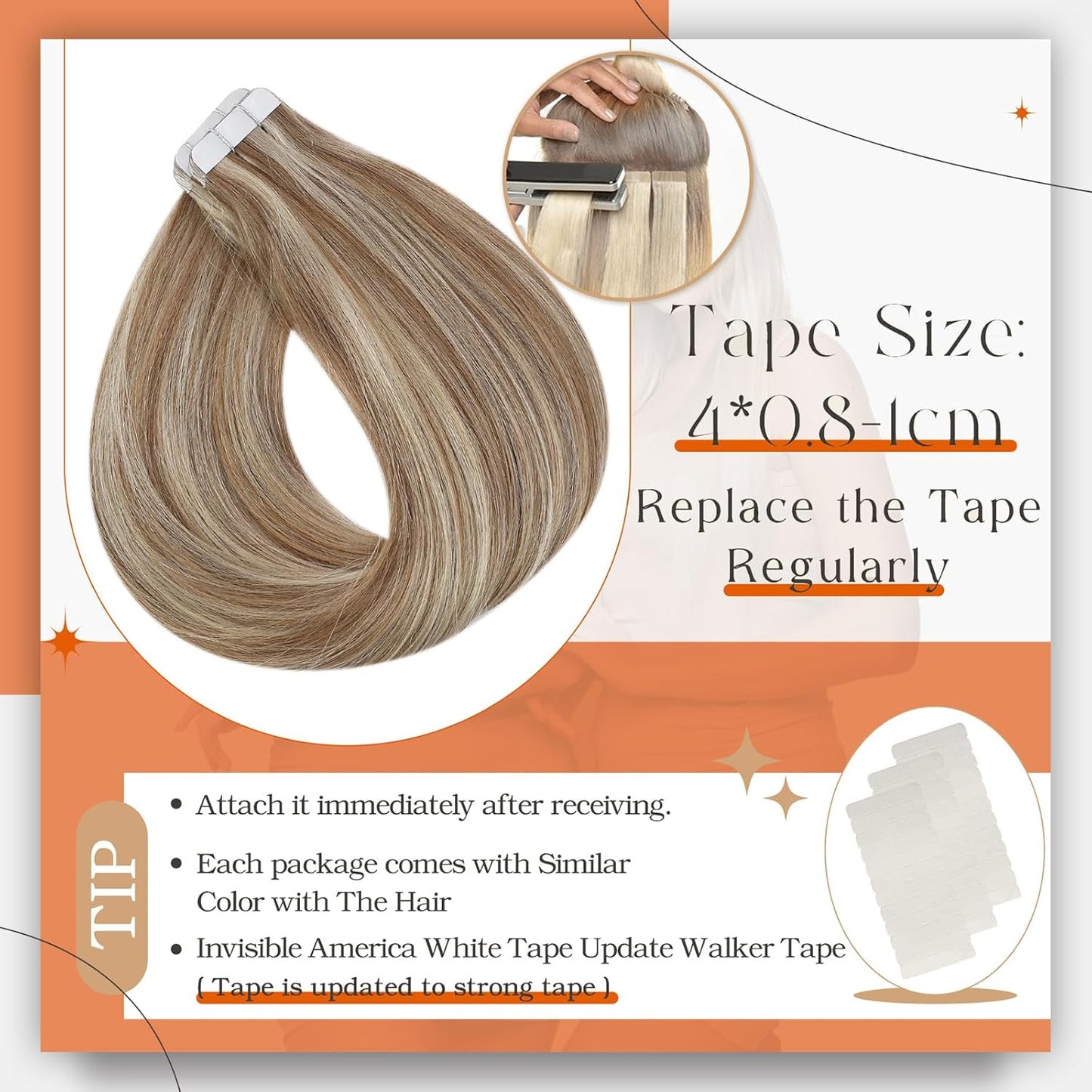 Tape in Hair Extensions Human Hair Color 10P613 Golden Brown Highlighted Bleach