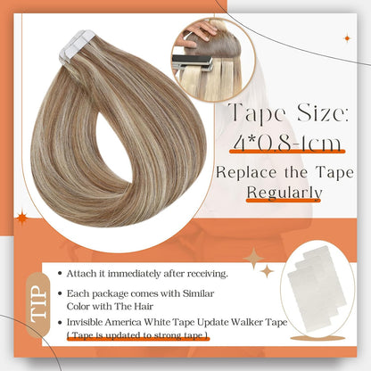 Tape in Hair Extensions Human Hair Color 10P613 Golden Brown Highlighted Bleach
