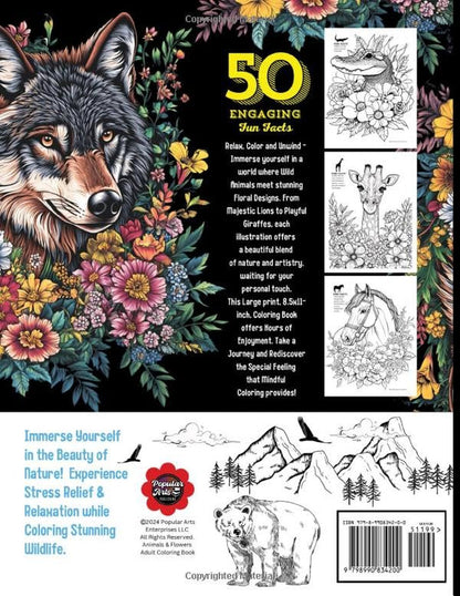 Animals & Flowers Adult Coloring Book: 50 Large Print Illustrations of Wild and
