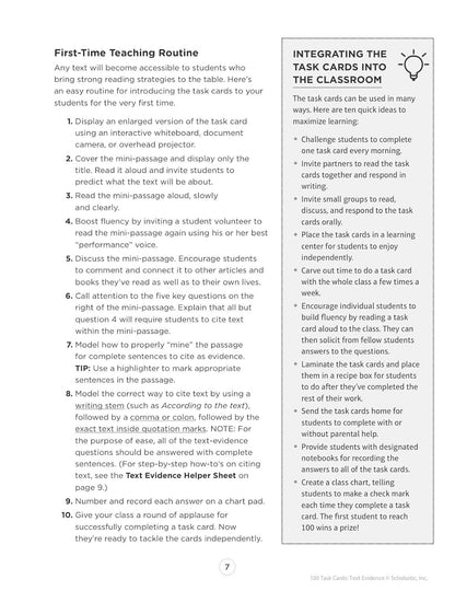 100 Task Cards: Text Evidence: Reproducible Mini-Passages with Key Questions to