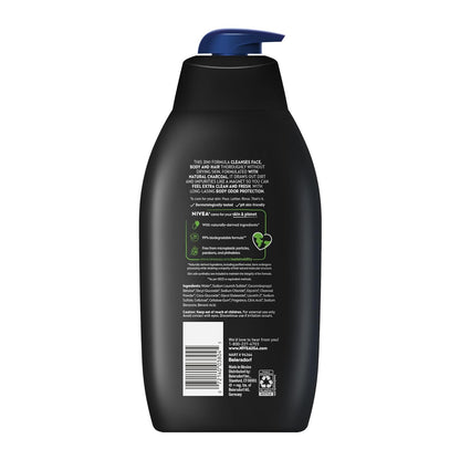 Active Clean Body Wash with Natural Charcoal for Normal to Oily Skin, 3-In-1 Cha