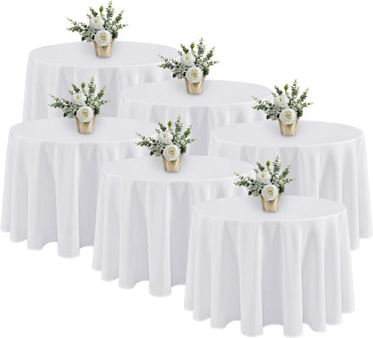 6 Pack White round Tablecloths - 120 Inches in Diameter - Stain Resistant and Wa
