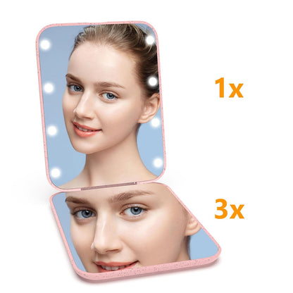 Wheat Straw Pocket Mirror, 1X/3X Magnification Travel Mirror for Purse, Lighted