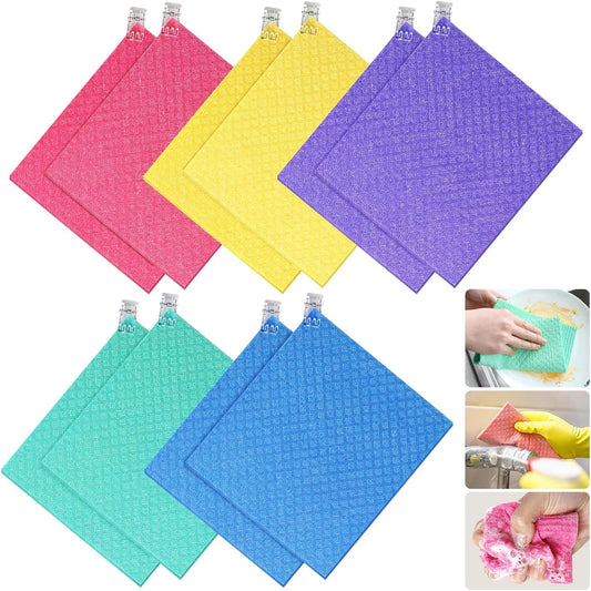 10 Pack Swedish Dishcloths, Reusable Cellulose Sponge Cloths with Adhesive Clips
