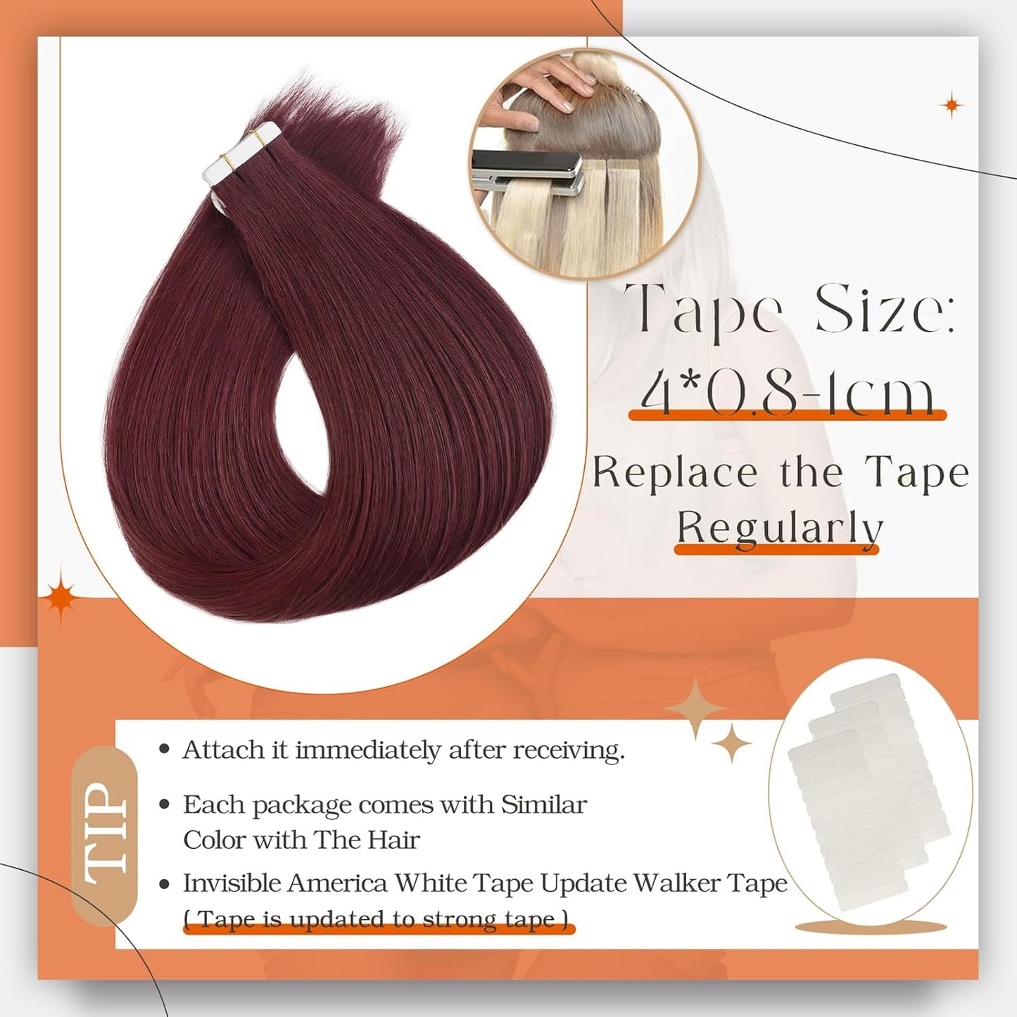 Tape in Extensions Wine Red Tape in Hair Extensions Human Hair for Women 16 Inch
