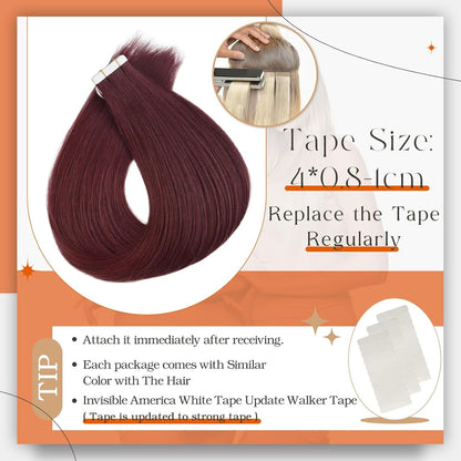 Tape in Extensions Wine Red Tape in Hair Extensions Human Hair for Women 16 Inch