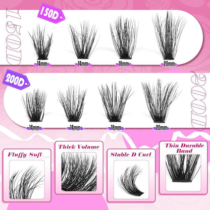 Wispy Individual Lashes Clusters Fluffier Eyelash Extension 150D+200D Thick Volu