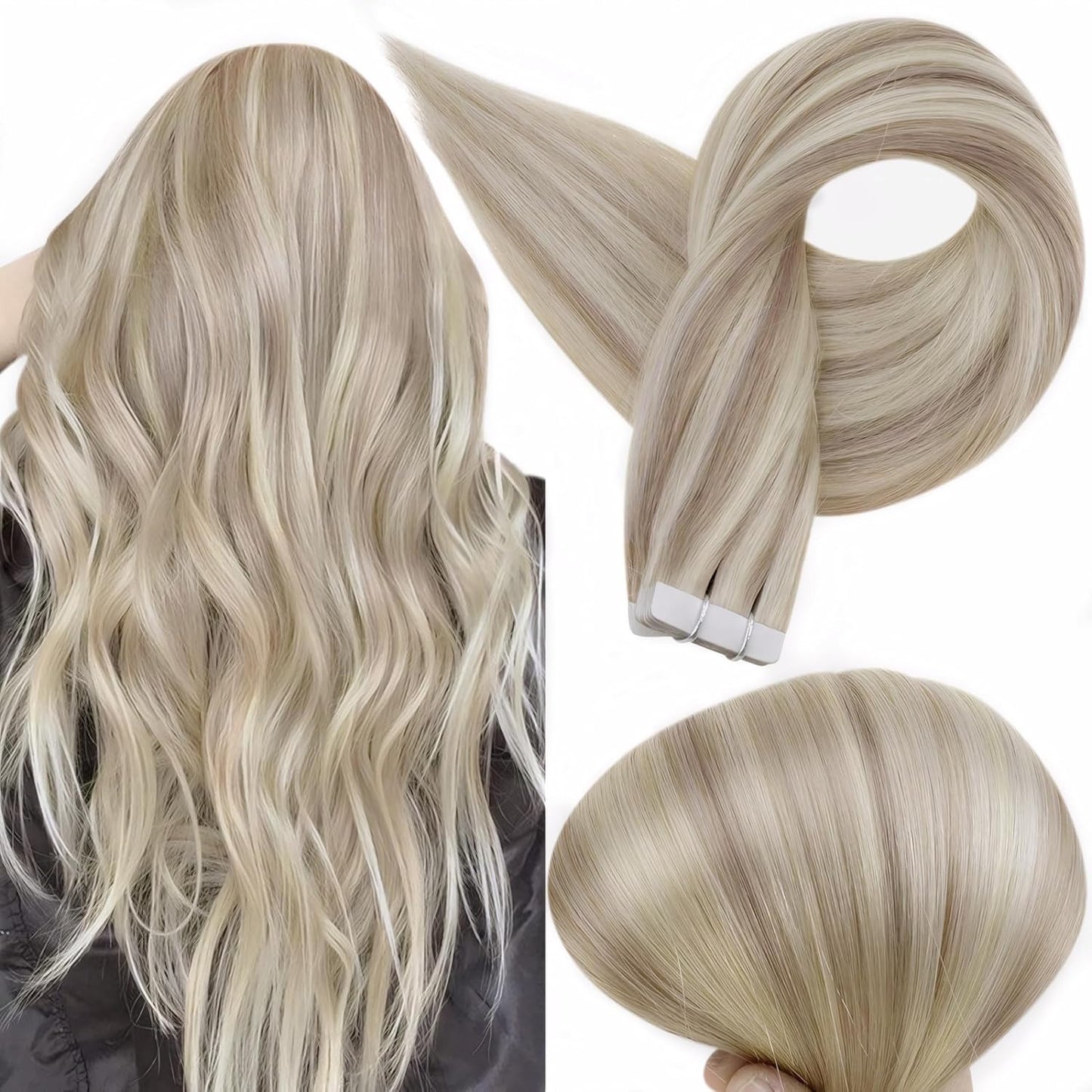Tape in Remy Hair Extension Color 18 Ash Blonde Highlighted 613 Bleach Blonde Ha