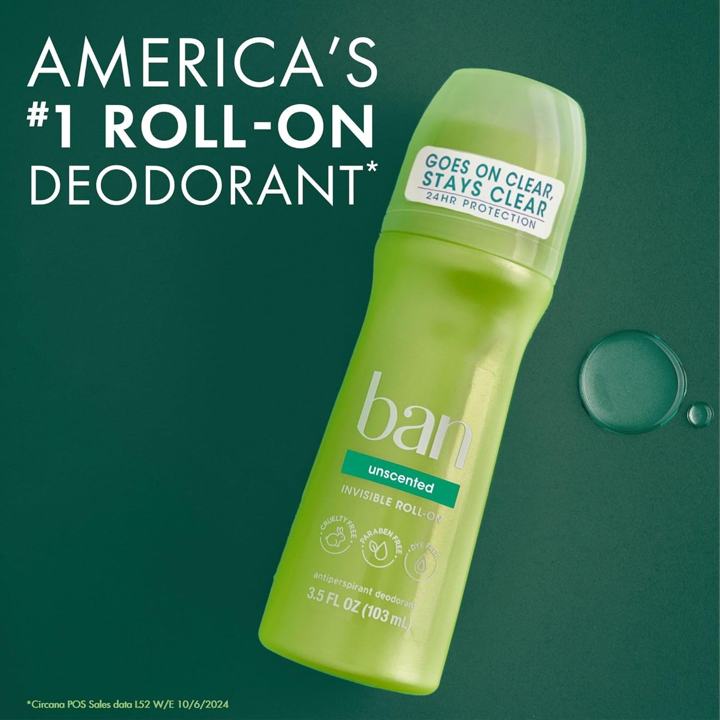 Original Unscented 24-Hour Invisible Antiperspirant, 3.5Oz Roll-On Deodorant, 4-