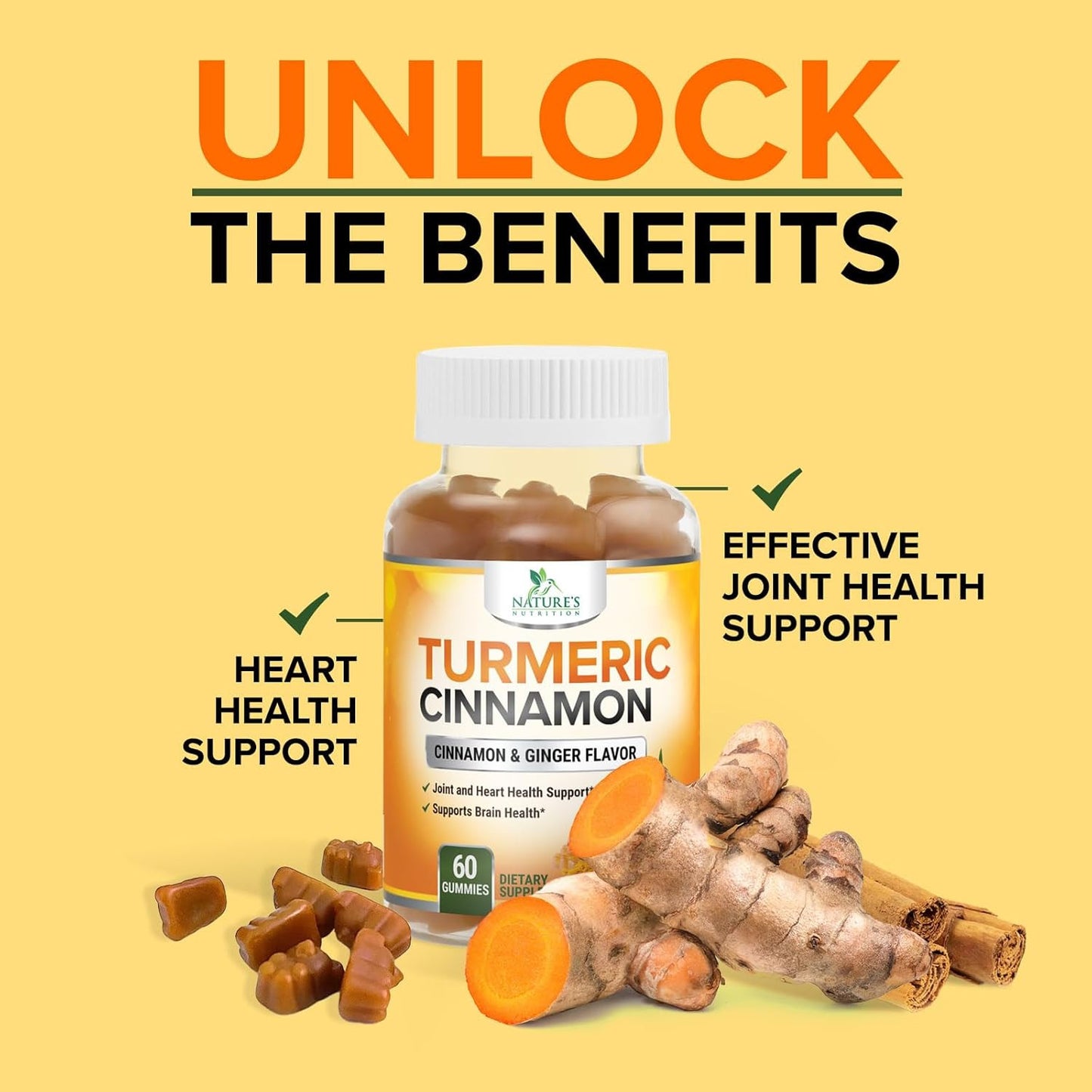 Turmeric Curcumin Supplement Gummies with Ginger & Cinnamon, 95% Curcuminoids Tu