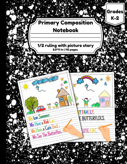 Primary Composition Notebook 1/2 Ruling with Picture Story: Black Primary Writin