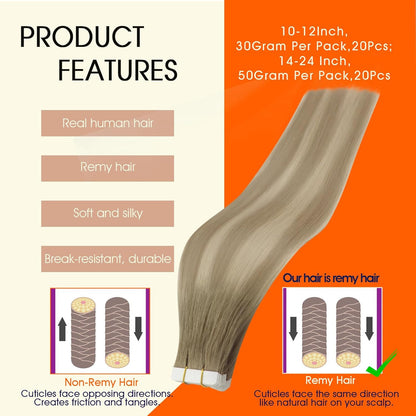 Tape in Extensions Human Hair 20 Inch Tape in Hair Extensions Balayage Color 8 A