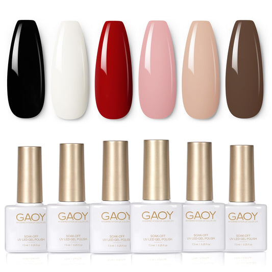 White Red Black Gel Nail Polish Set, 6 Colors Brown Pink Nude Soak off UV Light