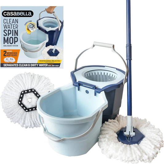 Spin Mop System with Extra Mop Head Refill - Two-Bucket Design with Splash Guard